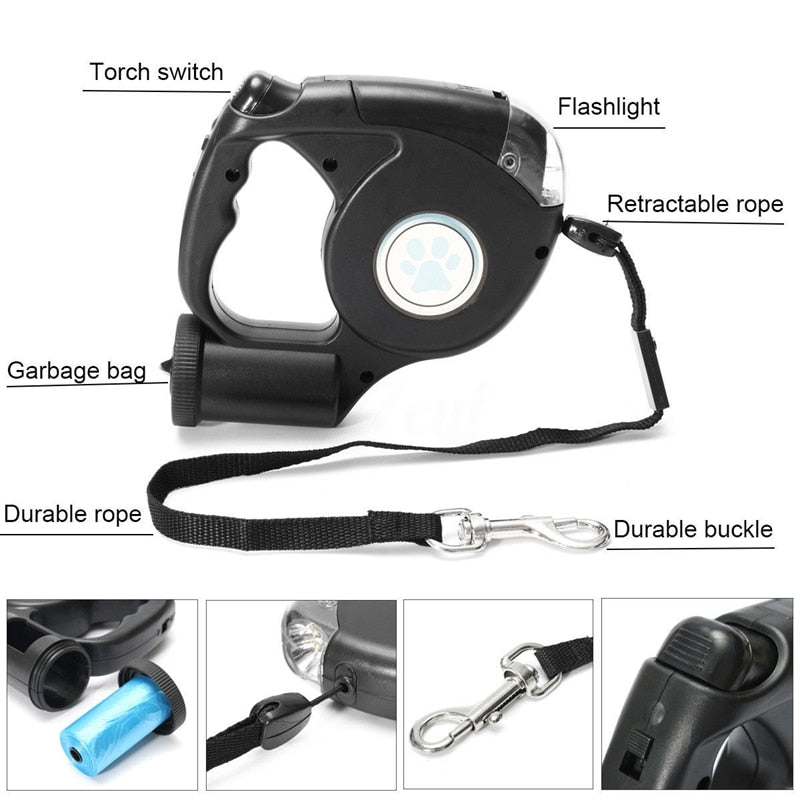 4.5M LED Pet Dog Leash Flashlight Extendable Retractable Pet Dog Leash Lead with Garbage Bag