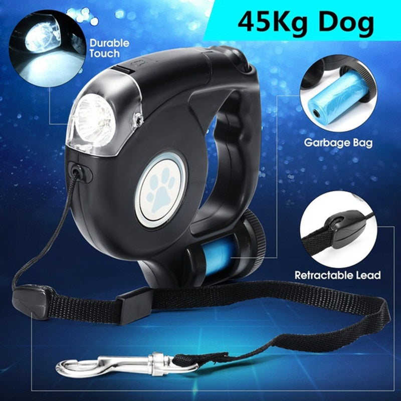 4.5M LED Pet Dog Leash Flashlight Extendable Retractable Pet Dog Leash Lead with Garbage Bag