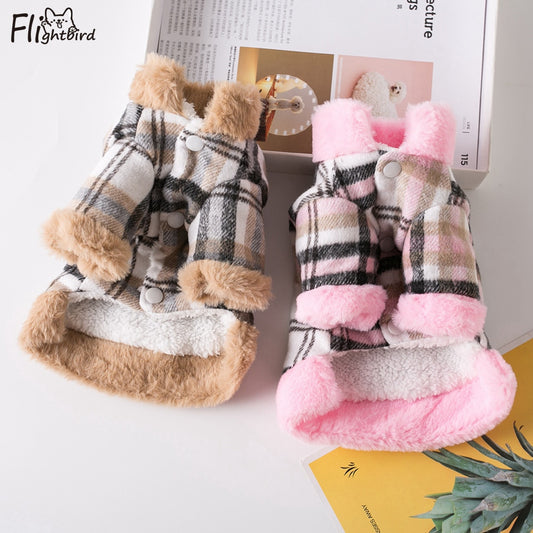 luxury plaid winter pet jacket with fur accents