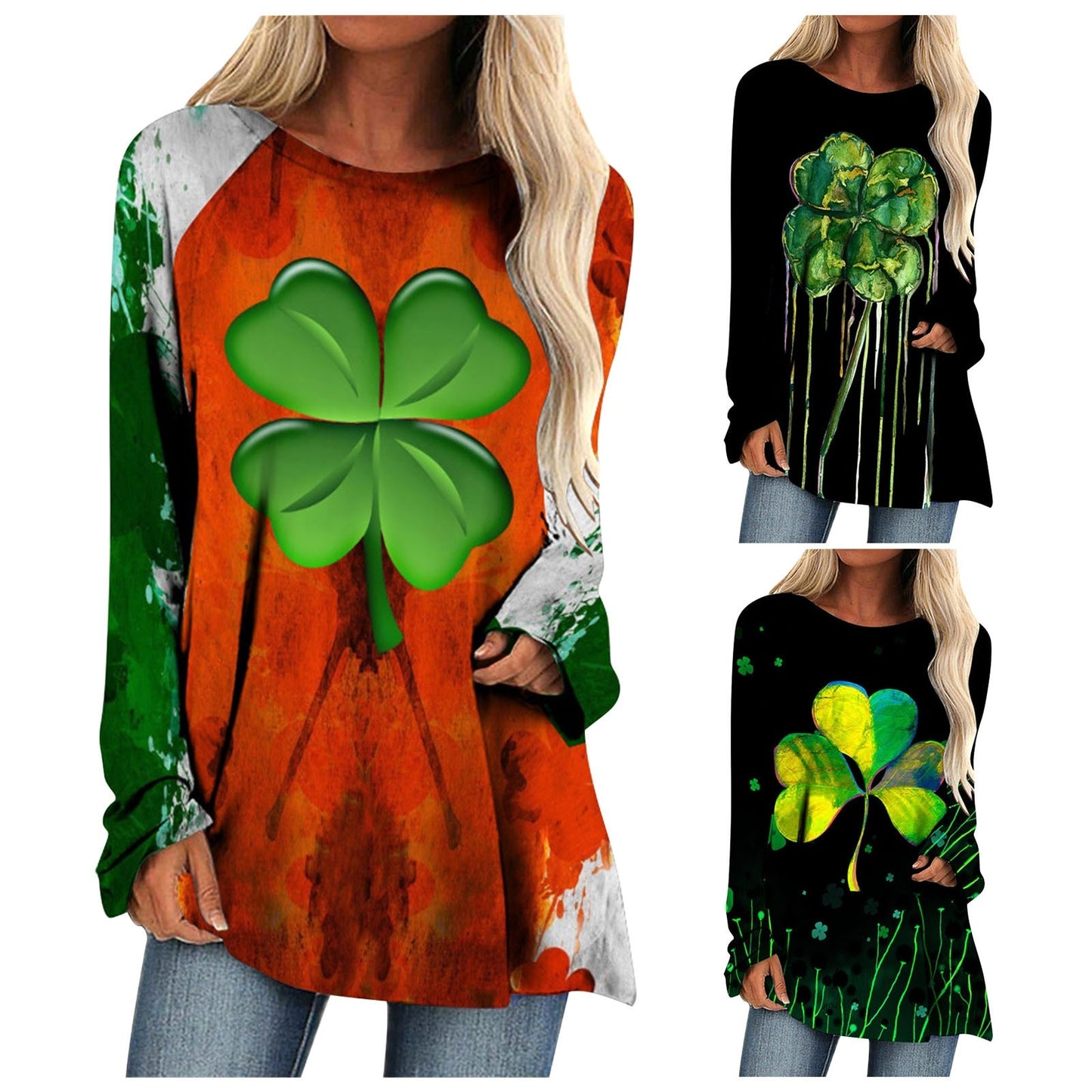 Womens Saint Patricks Day  Loose Round Neck Long Sleeve T Shirt