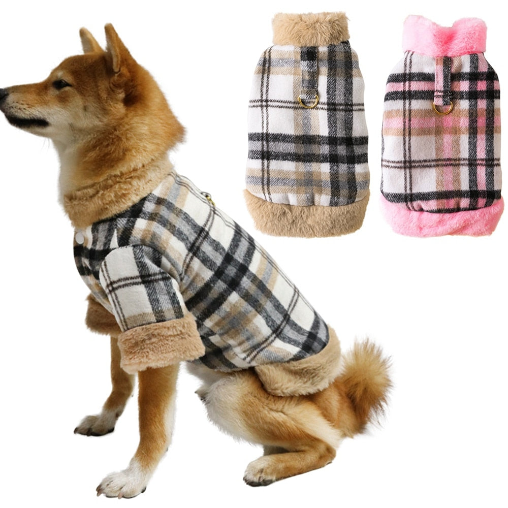 luxury plaid winter pet jacket with fur accents