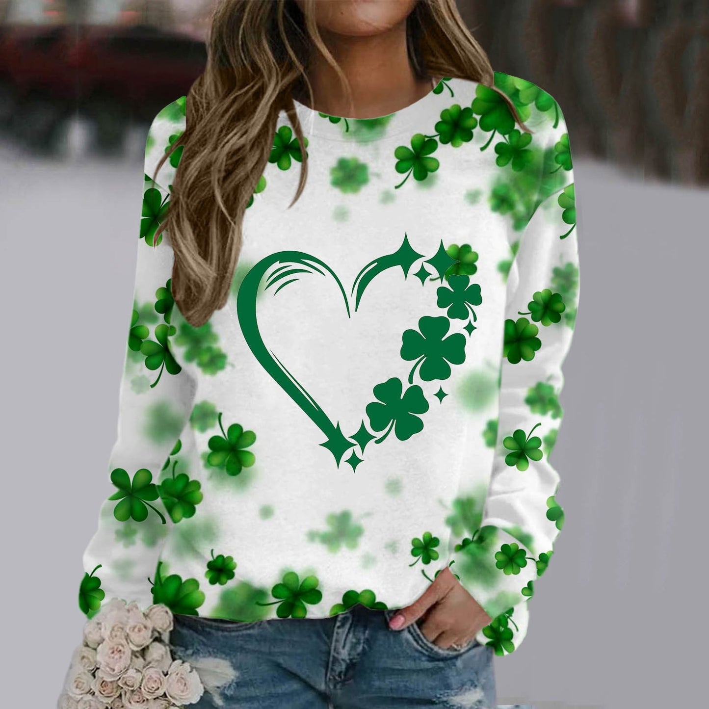 Womens St Patricks Day Prints Long Sleeve O Neck T Shirt