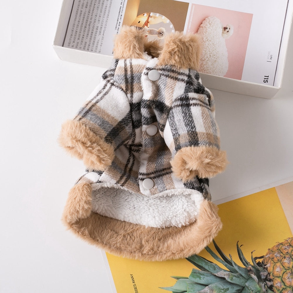 luxury plaid winter pet jacket with fur accents