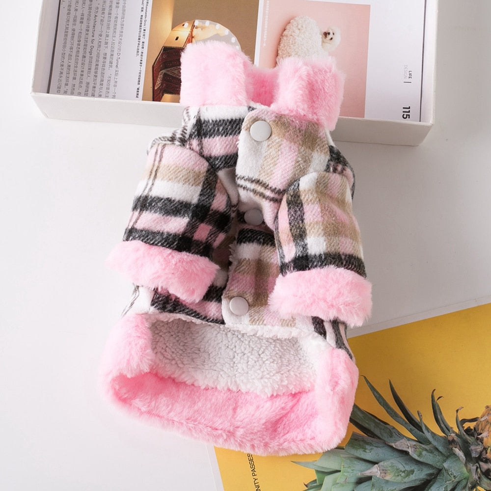 luxury plaid winter pet jacket with fur accents