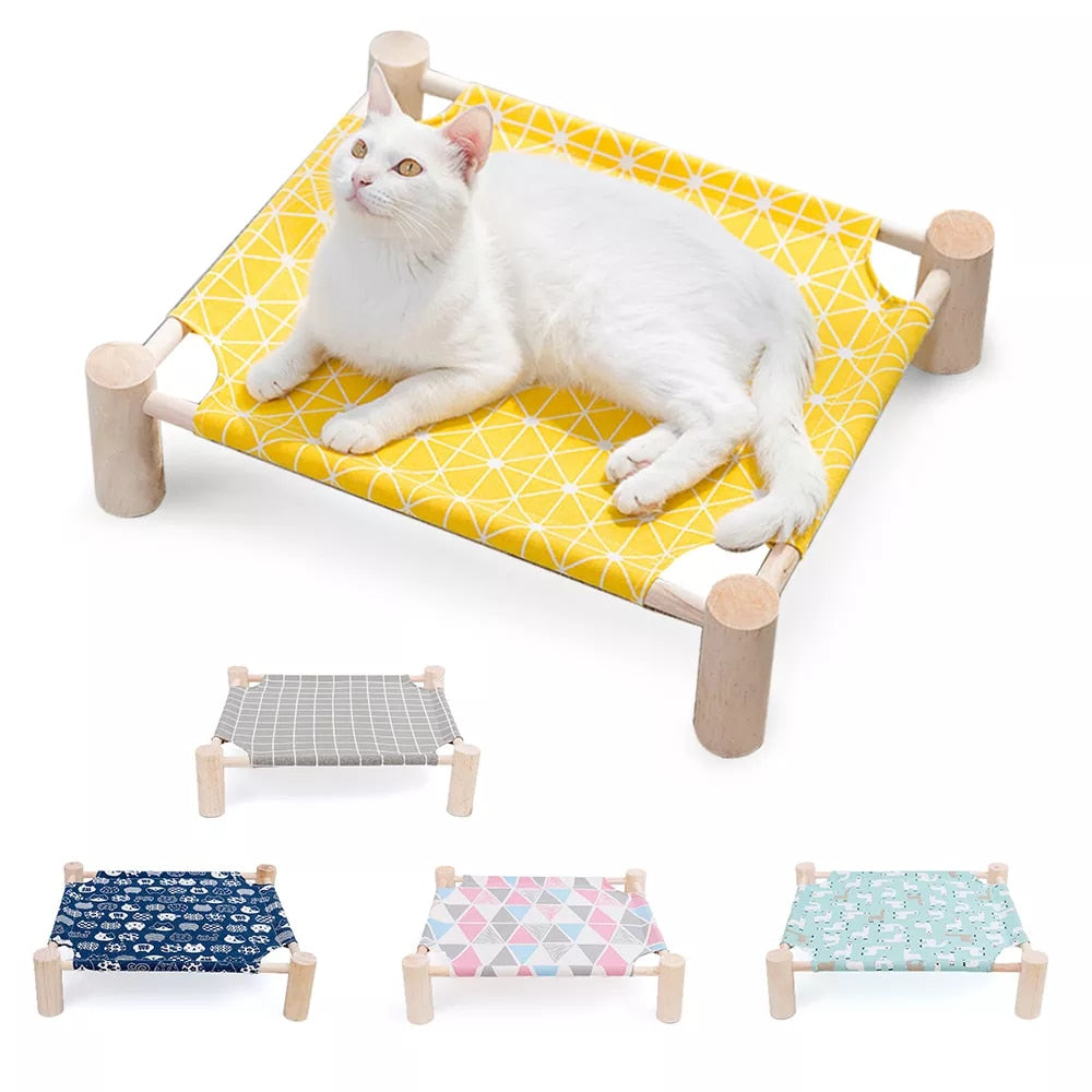 Elevated Cat hammock wood canvas bed