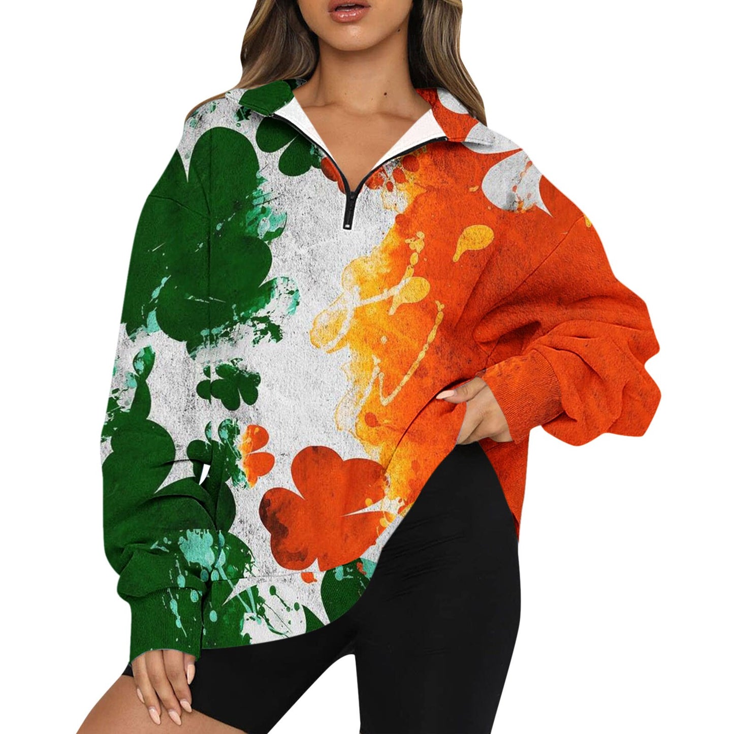 Womens Oversized Half Zip Pullover Long Sleeve St Patricks Day Print Solid Shirt Sweatpants And Sweatshirt Set for Women