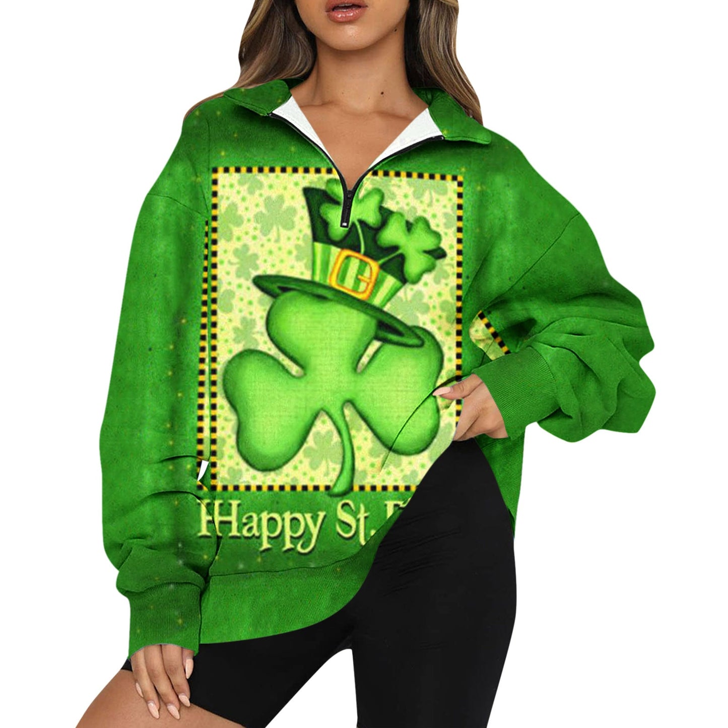 Womens Oversized Half Zip Pullover Long Sleeve St Patricks Day Print Solid Shirt Sweatpants And Sweatshirt Set for Women