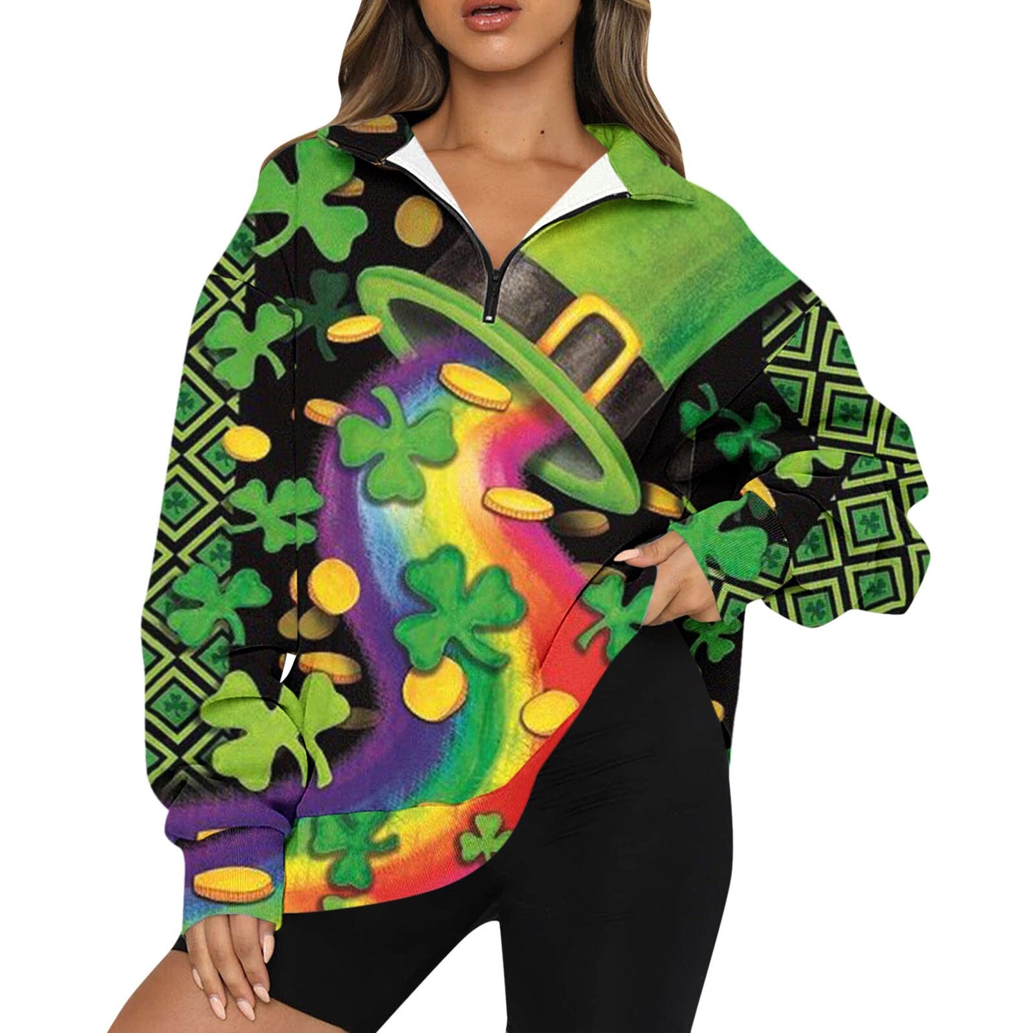 Womens Oversized Half Zip Pullover Long Sleeve St Patricks Day Print Solid Shirt Sweatpants And Sweatshirt Set for Women