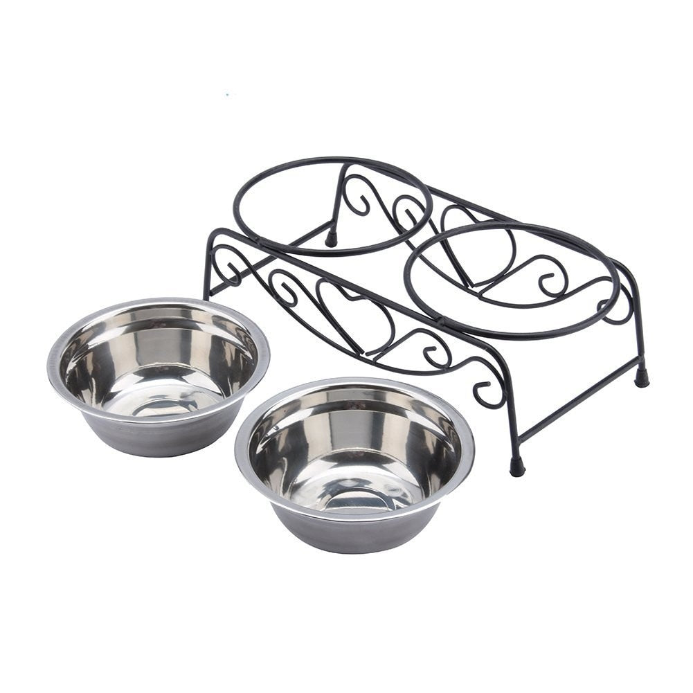 Iron frame raised pet feeder water bowl